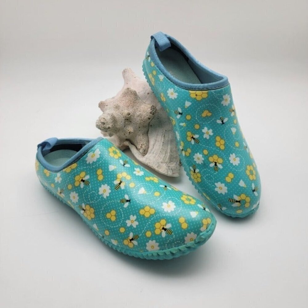 Western Chief Teal Blue Honey Bee Print  Women's Rubber Garden Clogs